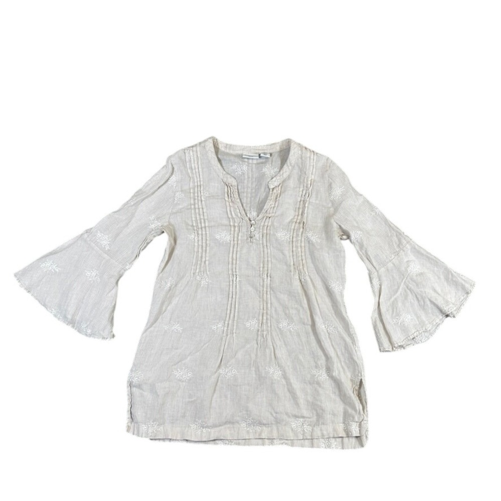 Antibes Blanc Linen Embroidered Tunic Top Cream Striped Bell Sleeve Small
